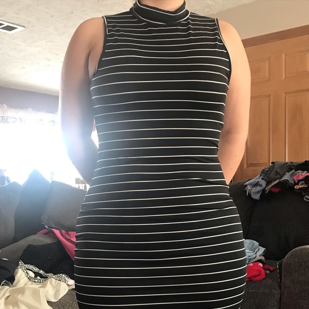 striped dress with mock turtle neck